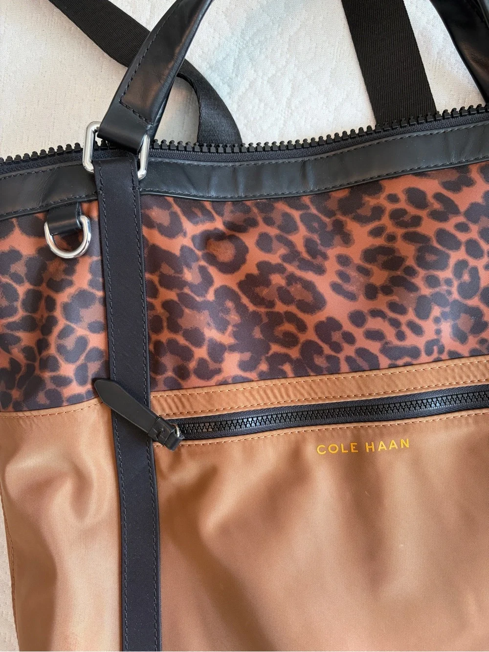 Cole Haan Brown Tote Backpack with Leopard Accent and Black Trim